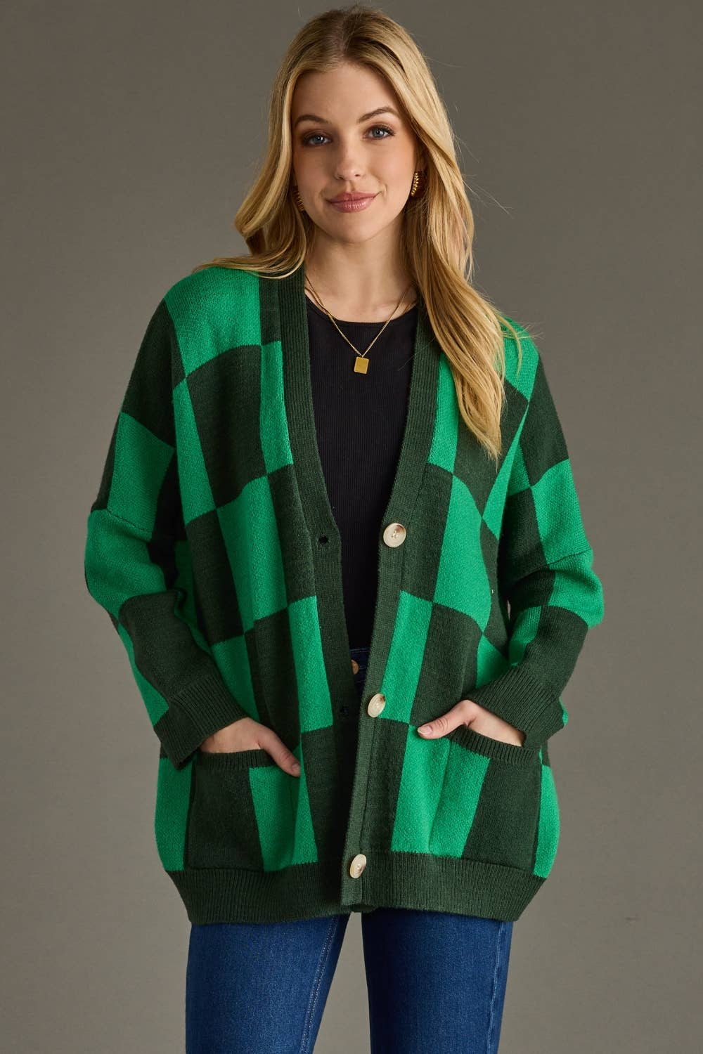 Green Checkered Cardigan