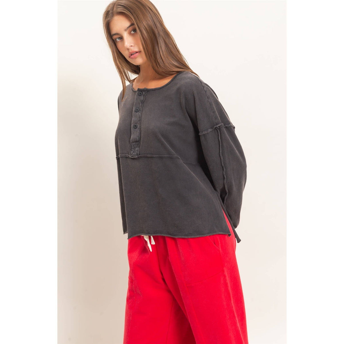 Oversized Henley Top With Raw Edges