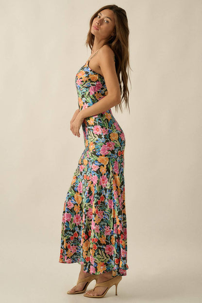Floral Satin Fitted Maxi Slip Dress