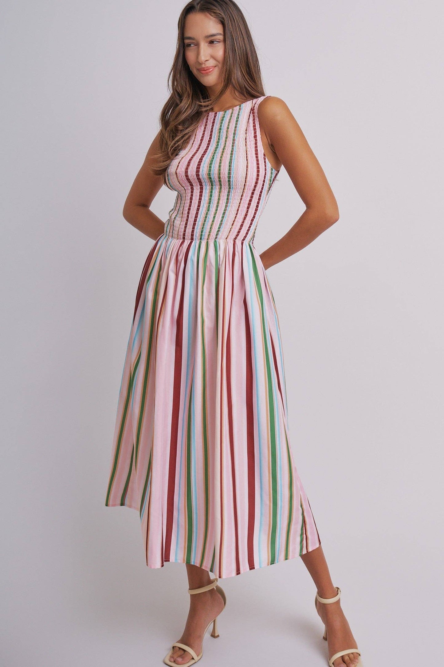Candy Stripe Smocked Midi Dress With High Neckline