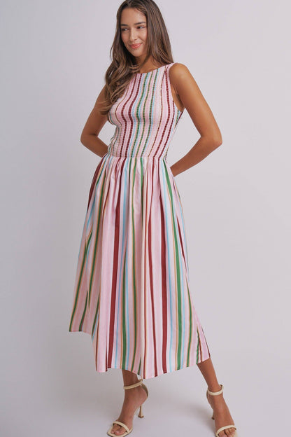 Candy Stripe Smocked Midi Dress With High Neckline