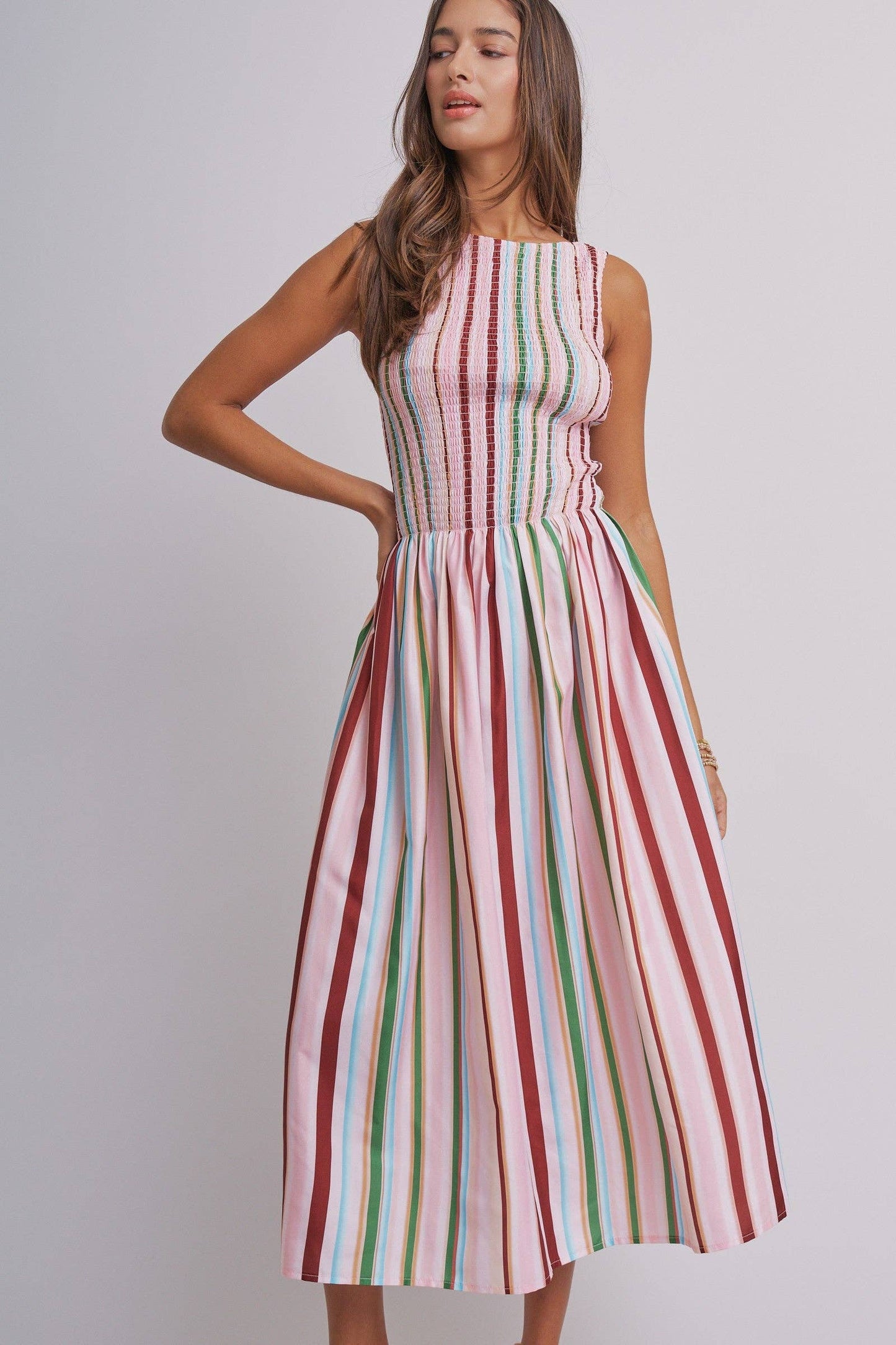 Candy Stripe Smocked Midi Dress With High Neckline
