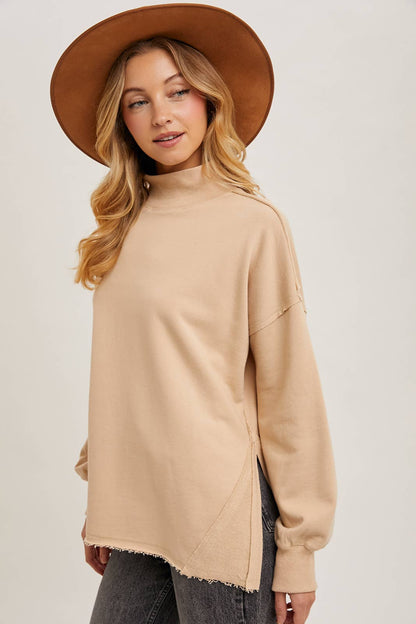 Raw Edge Side Slit Mock Neck