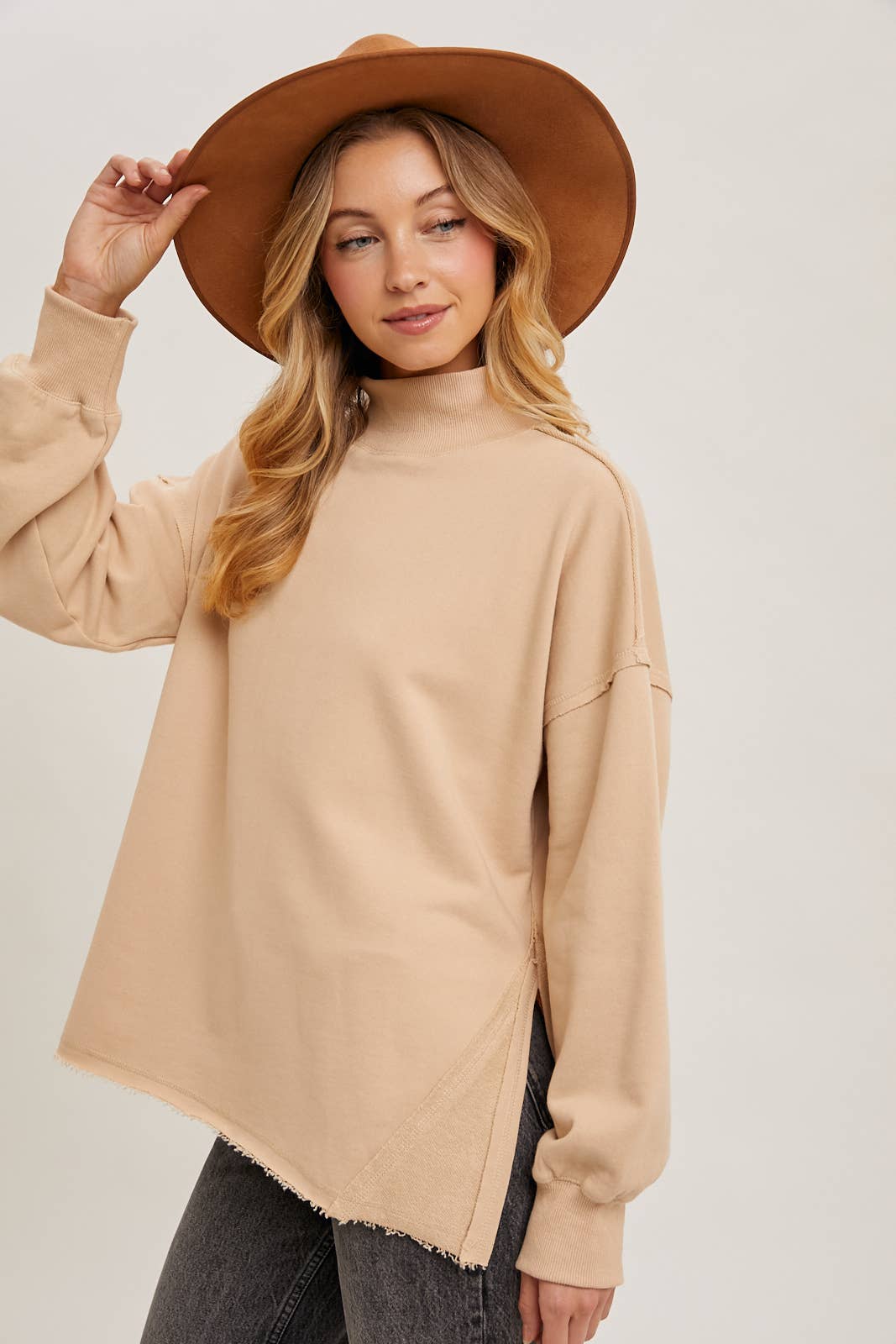 Raw Edge Side Slit Mock Neck