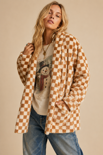 Check Faux Fur Cardigan Jacket