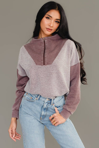 Brown Mixed Media Quarter Zip Sweatshirt