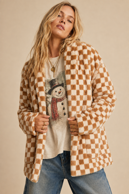 Check Faux Fur Cardigan Jacket