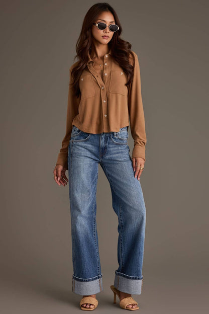 Cognac Cropped Soft Button Up