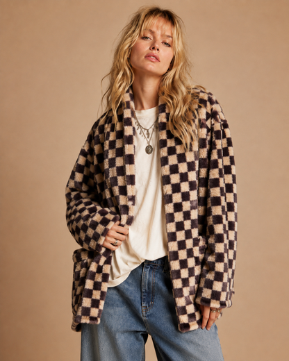 Check Faux Fur Cardigan Jacket