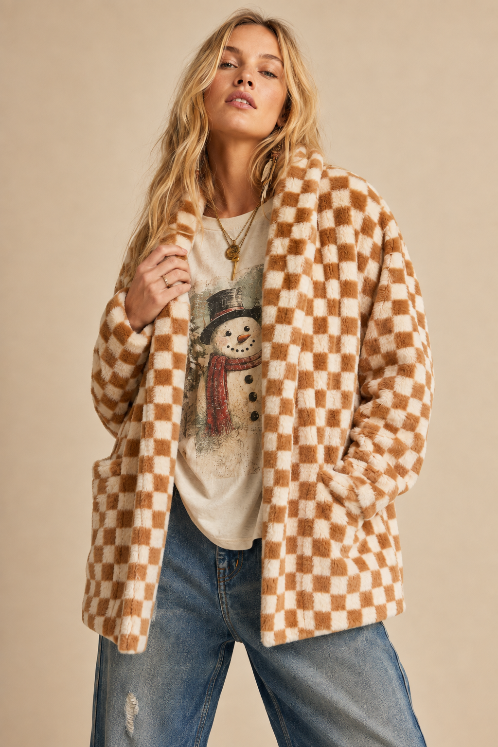 Check Faux Fur Cardigan Jacket