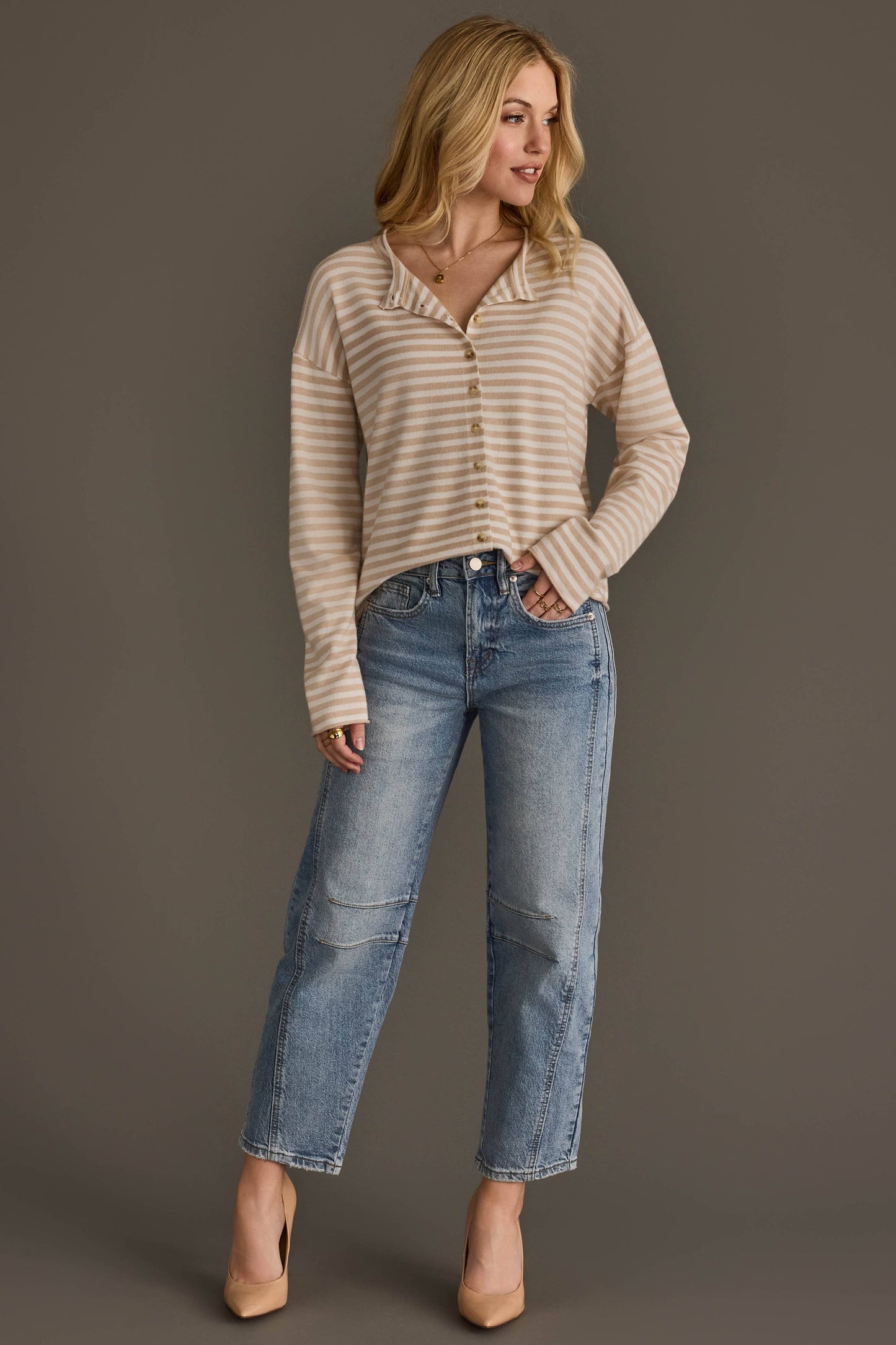 Beige & Off White Striped Cardi