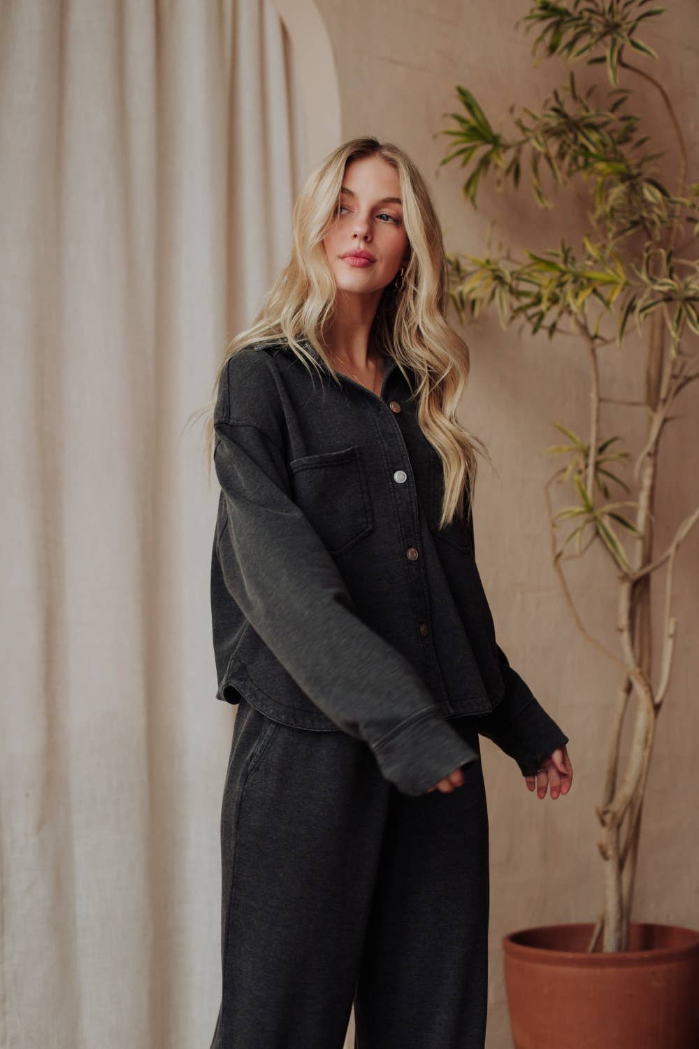 Black Cropped Washed Soft Button Up