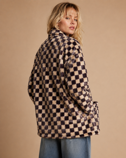 Check Faux Fur Cardigan Jacket