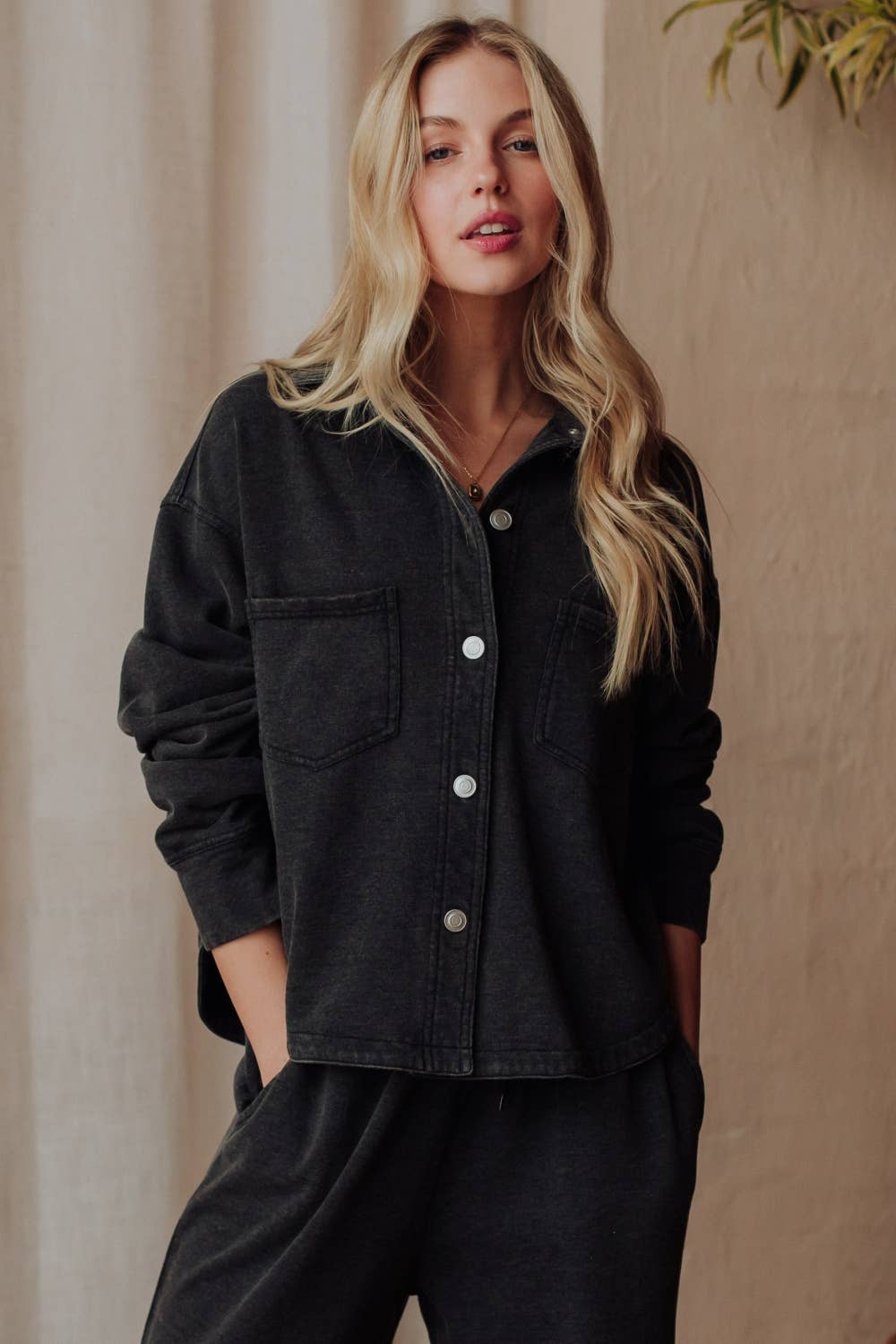Black Cropped Washed Soft Button Up