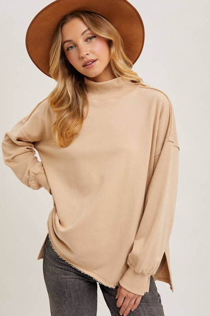 Raw Edge Side Slit Mock Neck