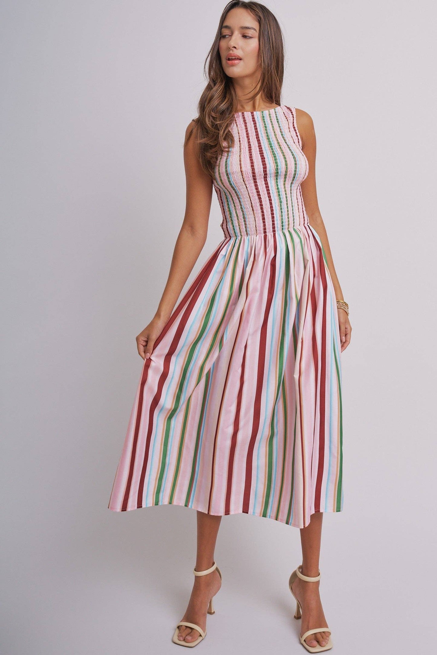 Candy Stripe Smocked Midi Dress With High Neckline