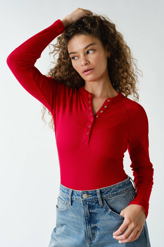 Essential Long-Sleeved Micro-Ribbed Henley Top